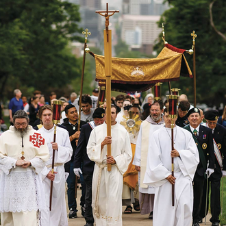 SERRA ROUTE | The Eucharist is carried in a procession from the Cathedral of the Madeleine to the St. Catherine of Siena Catholic Newman Center at the University of Utah in Salt Lake City on June 3. (Photo by Spenser Heaps).