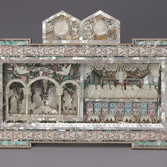 Mother-of-pearl annual nativity with scenes of the Nativity, Last Supper, Annunciation and Christ resurrected from the tomb.