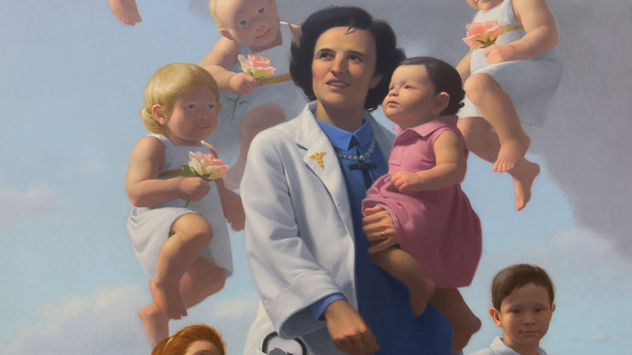 St. Gianna Beretta Molla is depicted surrounded by “Gianna babies,” children whose births were attributed to her intercession.