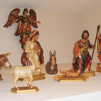 Wood painted Nativity with Holy Family, Angel, 3 Magi, 2 shepherds, a lamb, an ox, and a donkey.