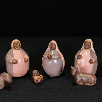 Crèche from Peru by Genaro Paz made of painted clay with Holy Family, 3 Magi, a donkey, and an ox. 