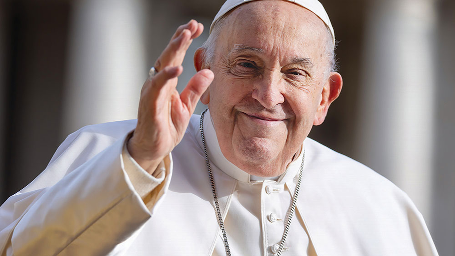 Pope Francis waves as he rides in the popemobile around St. Peter’s Square at the Vatican before his weekly general audience April 10, 2024. (CNS photo/Pablo Esparza)
