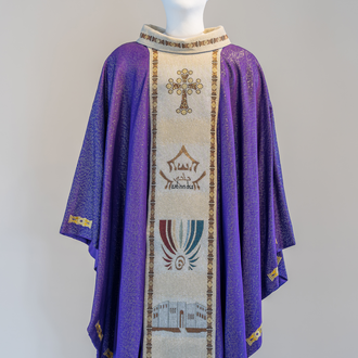 Purple chasuble embroidered on front and back on light brown band. 