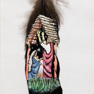 Feather, "The Nativity" from Puerto Rico. Depiction of the Holy Family in the stable painted on a feather.