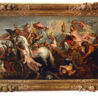 Painting, "The Triumph of the Church," by the Studio of Peter Paul Rubens. Depicts a holding the Eucharist in a reliquary woman in a chariot.