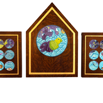 A mixed media artwork. Abstracts of fish and animals, including a fish eating a bird.