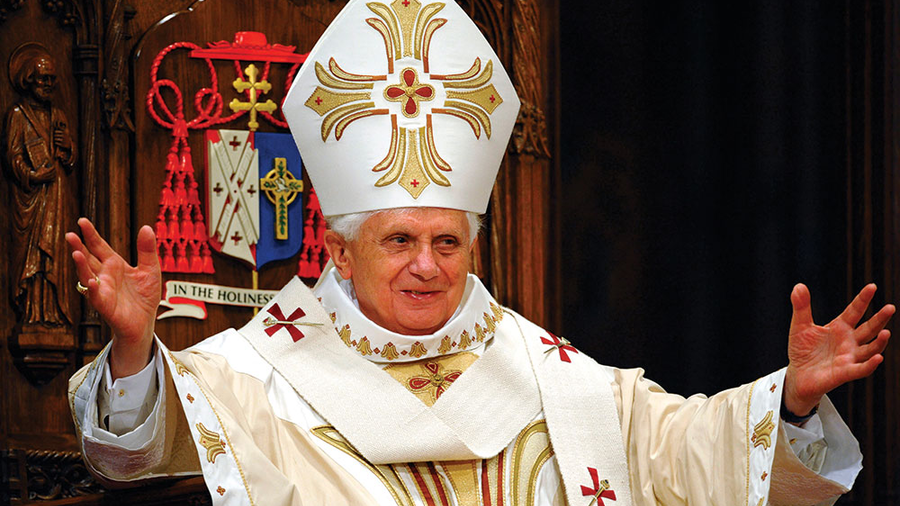 Pope Benedict XVI gestures during Mass at St. Patrick’s Cathedral on April 19, 2008. During his homily, he acclaimed the exemplary witness of Father Michael McGivney, whose decree of heroic virtue he approved one month earlier, on March 15.