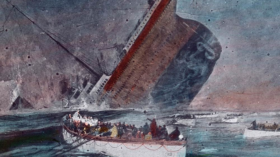 An illustration by an unknown artist depicts the RMS Titanic as it sinks April 15, 1912, some 370 nautical miles off the coast of Newfoundland. (United Archives/Carl Simon/Bridgeman Images)