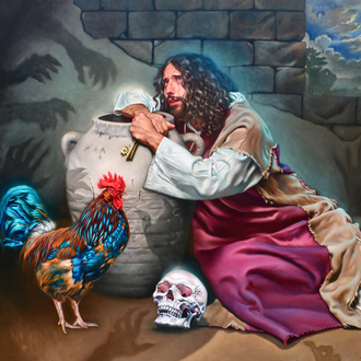 Icon, "St. Peter Denies Christ" oil on linen by Anthony Suppa. Depicts St. Peter leaning on an clay vessel clutching a key. 