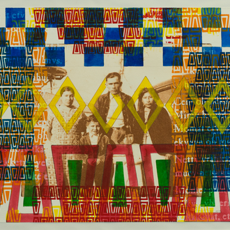 A mixed media artworking including a family painted in sepia colors with native american colors and patterns overlaid.