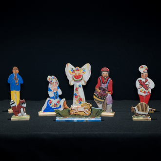Painted wood carved nativity scene depicted as Louisiana Cajun culture. 