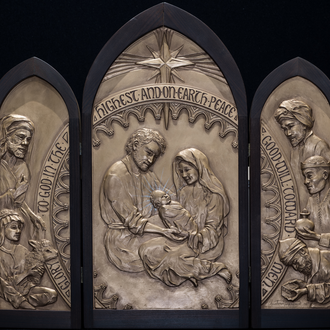 Stoneware triptych depict the Holy Family, 3 Magi, 2 shepherds, and a lamb with visual inspirations from Glencairn Museum. 