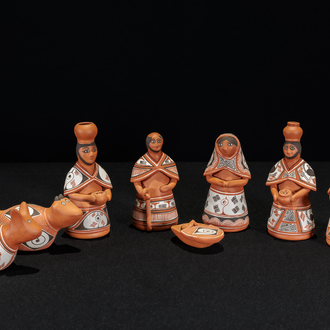 Crèche made in 1990 Venezuela (Quibor, Lara). Painted clay Nativity with Holy Family, 3 Magi, an ox, and a donkey.