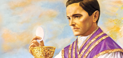 Father McGivney wears purple vestments and holds a chalice and Eucharist in his hands.