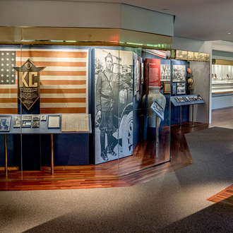 Photo of the Wall of History exhibit where it discusses the Knights of Columbus wartime relief efforts during World War I. 