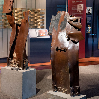 Two steel girders from the collapse of the World Trade Center towers on exhibit in the Wall of History.