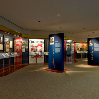 Photo of the beginning of the Wall of History exhibit, which discusses the early history of the Knights of Columbus.