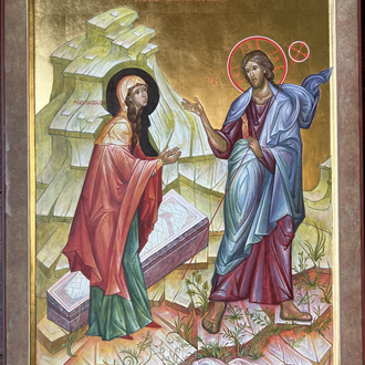 Icon, "Noli Me Tangere - Touch Me Not," by Jennifer Ward. Depicts Mary recognizing the Risen Jesus reaching out to receive the Body of Christ. 