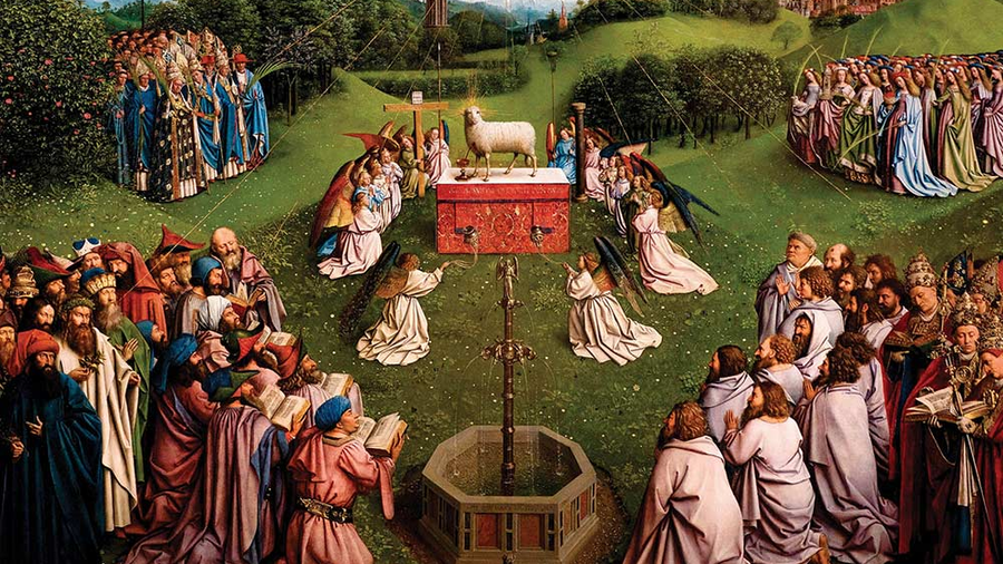 Hubert and Jan van Eyck, The Ghent Altarpiece (open), 1432, detail from the panel The Adoration of the Mystic Lamb / Photo © Lukas – Art in Flanders
