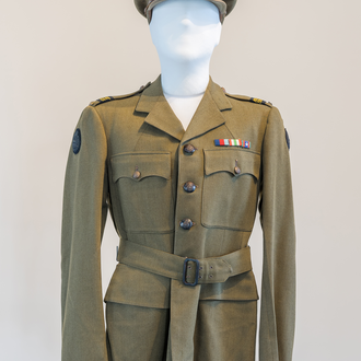 World War II Canadian Auxiliary Services Officer olive drab green peaked cap and dress jacket. 